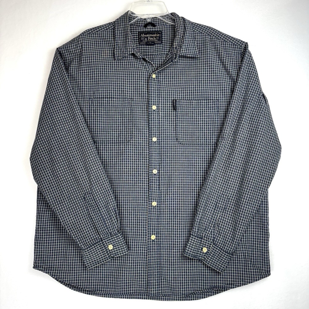 Abercrombie & Fitch Long Sleeve Shirt Blue Tan‎ Plaid Button Down Men's XL 75654
